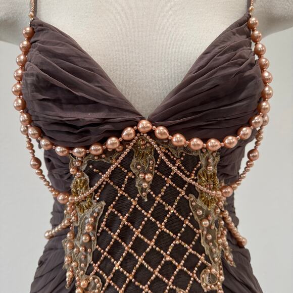 Mandalay Y2K Taupe Midi Dress with peach pearl beads, lace, sequence, sz 8 - Picture 3 of 12